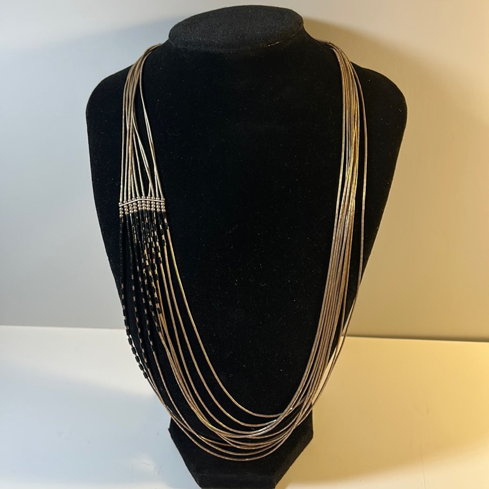Vintage Native American Liquid Silver Onyx Waterfall Necklace 22-1/2”